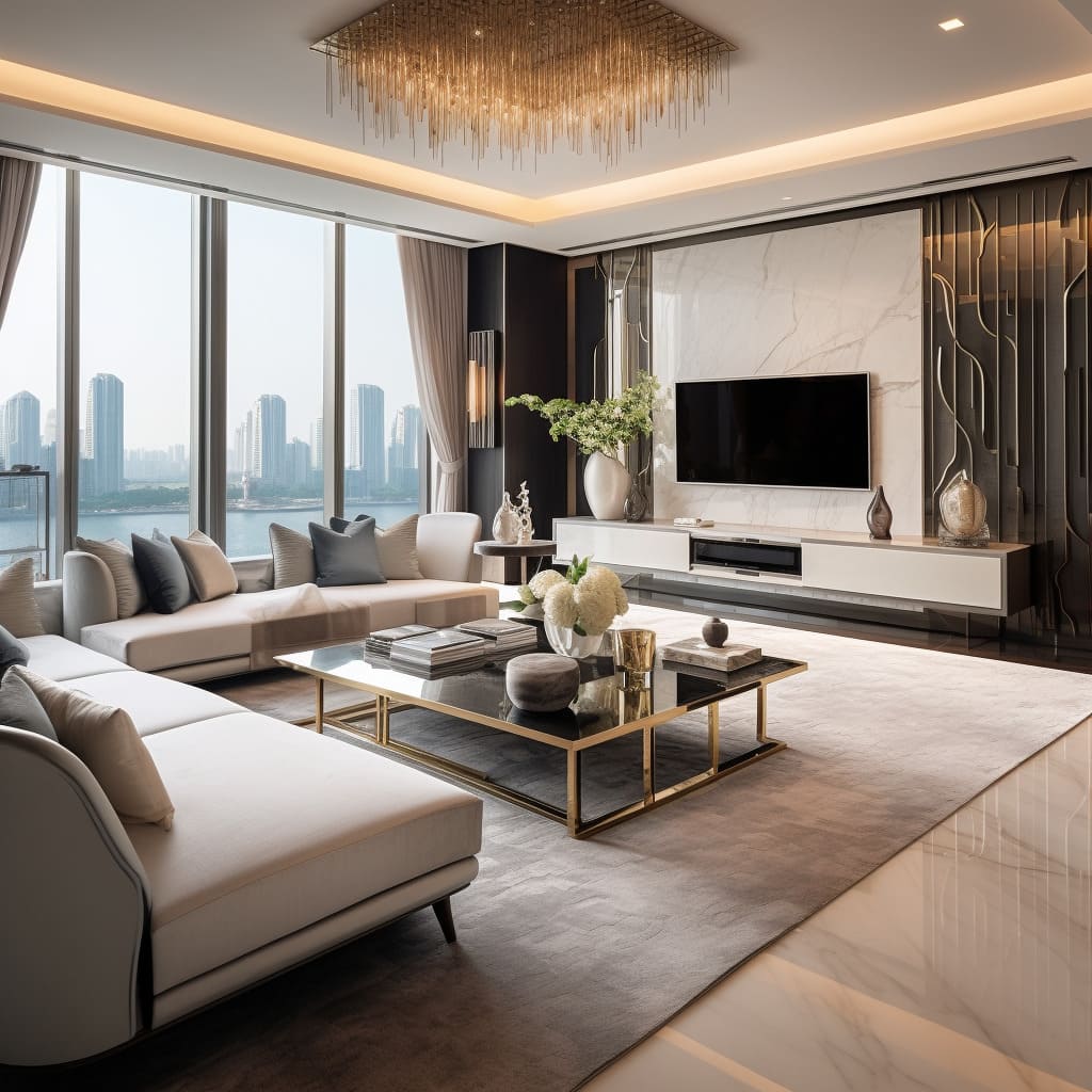 The large sofa in the living room is a testament to the apartment's grandeur.