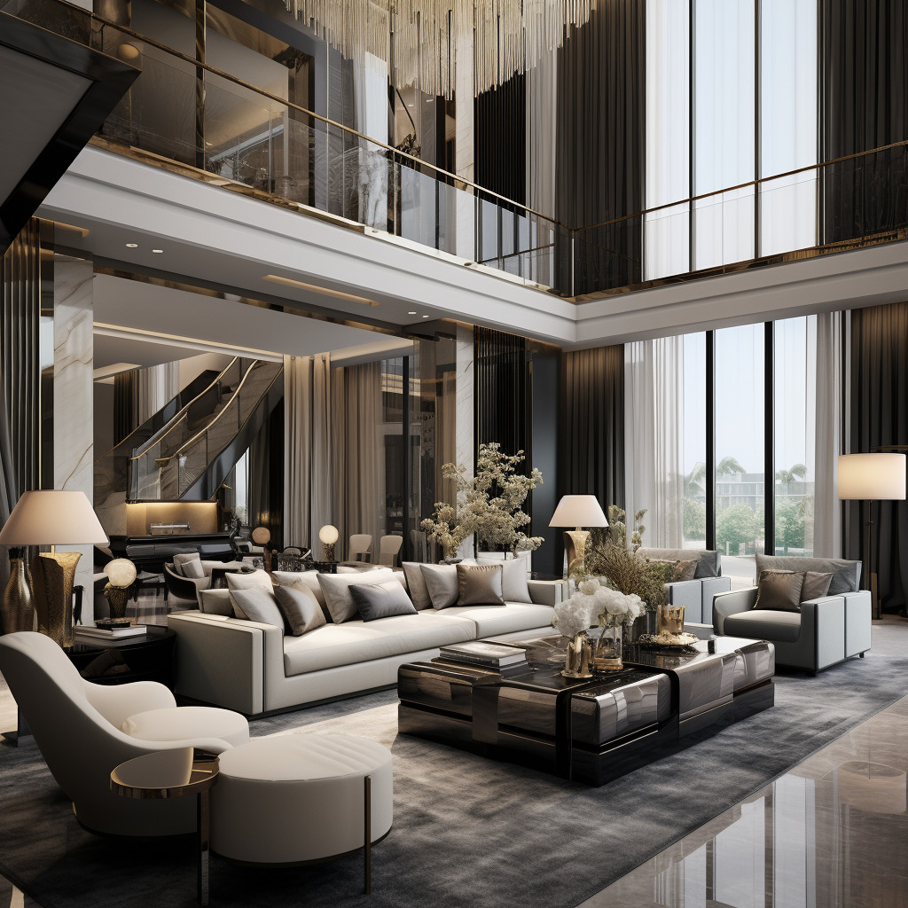 The living room boasts a contemporary flair with sleek furniture and bold accents.