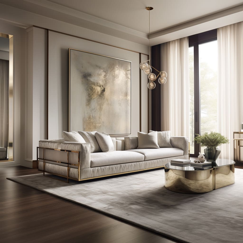 The living room boasts a contemporary luxury look with its off-white seating and tasteful brass accessories.