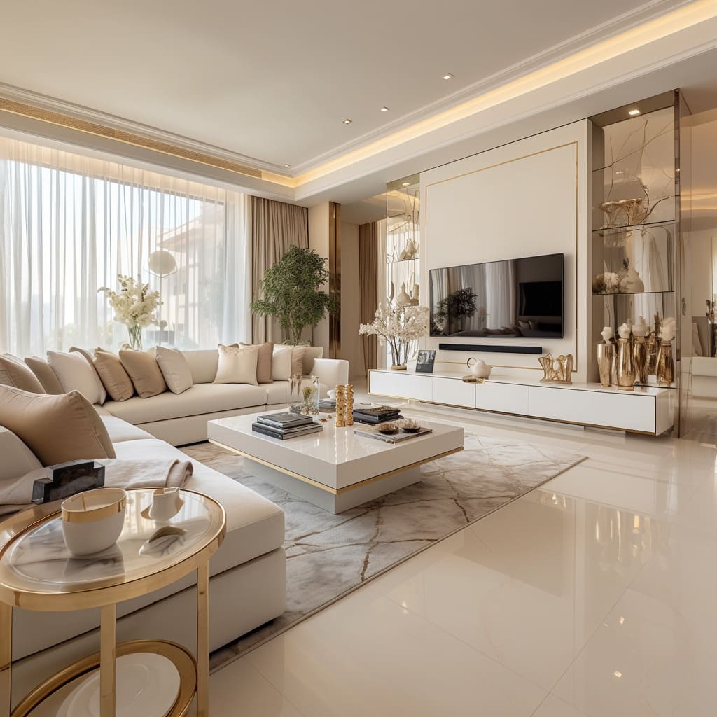 The living room boasts a luxurious cream-colored sofa that invites relaxation and comfort.