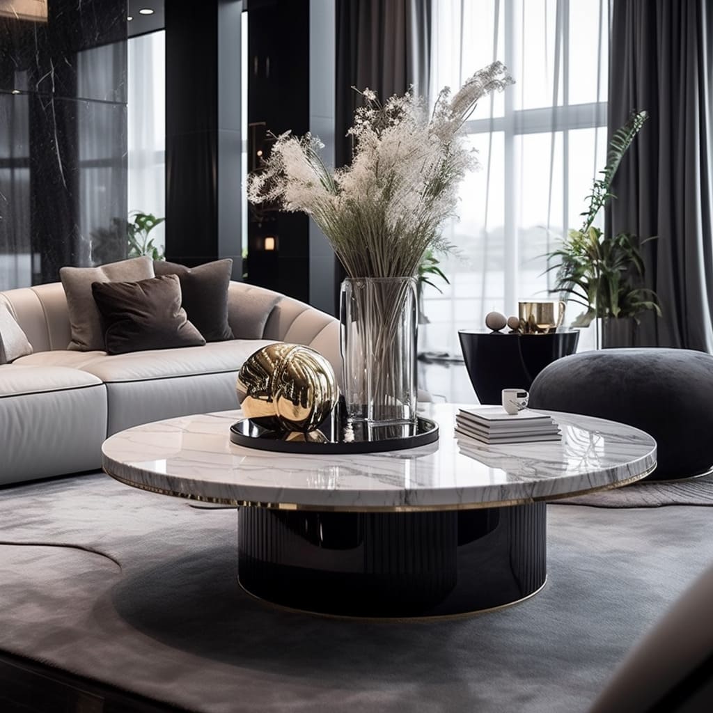 The living room boasts a minimalist sofa set and a statement marble table.