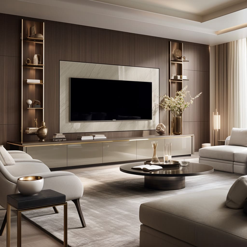 The living room boasts a sleek TV wall that anchors the space with modern flair.