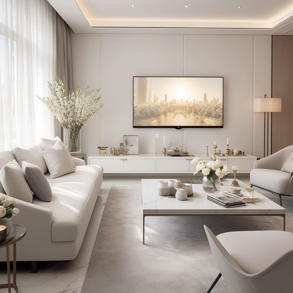 The living room boasts a sleek, luxury minimalist style with a crisp white L-shaped sofa as the centerpiece.