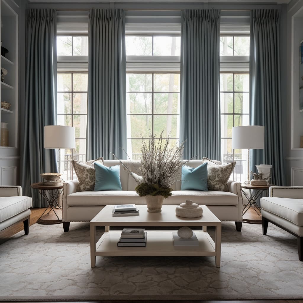 The living room boasts a sofa that melds American comfort with new classic aesthetics.