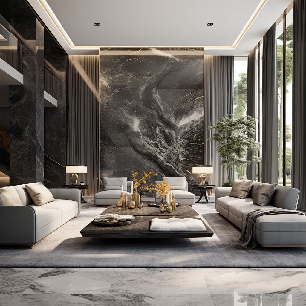 The living room boasts a spacious layout, highlighted by luxurious marble touches.