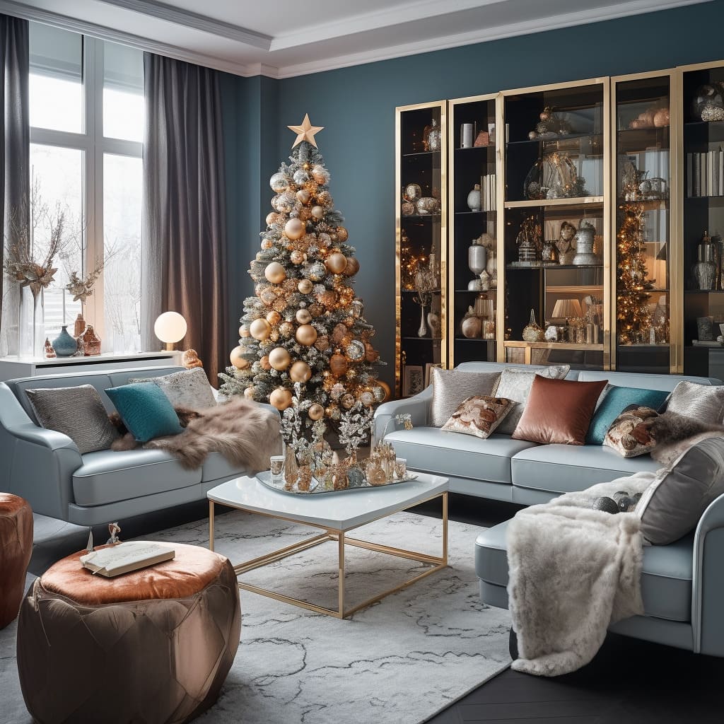 The living room features a LA vibe with chic, understated Christmas decorations for a modern holiday look.