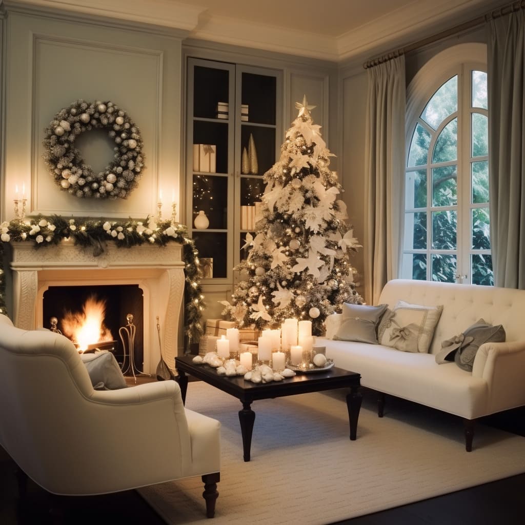 The living room features a holiday feast table, elegantly set and ready for Christmas dinner.