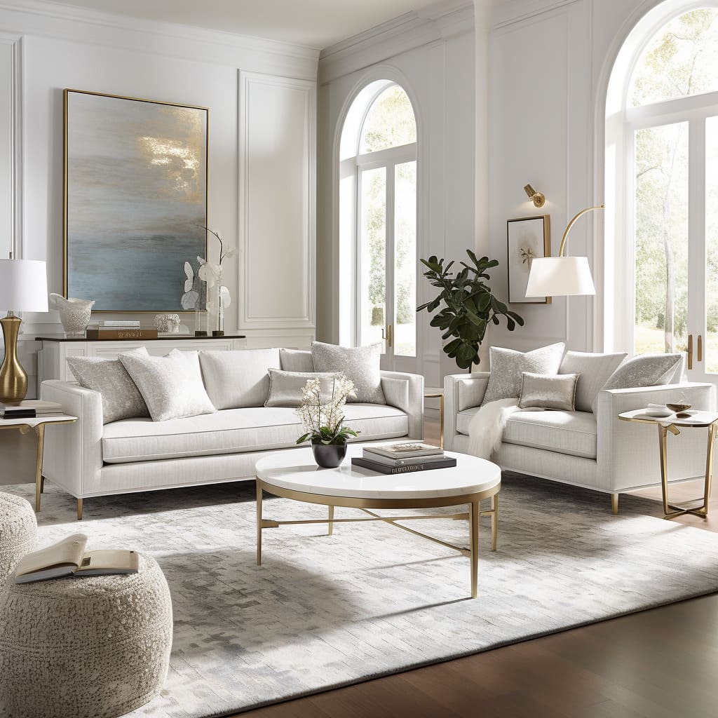 The living room features a white, plush sofa that anchors the contemporary classic design.