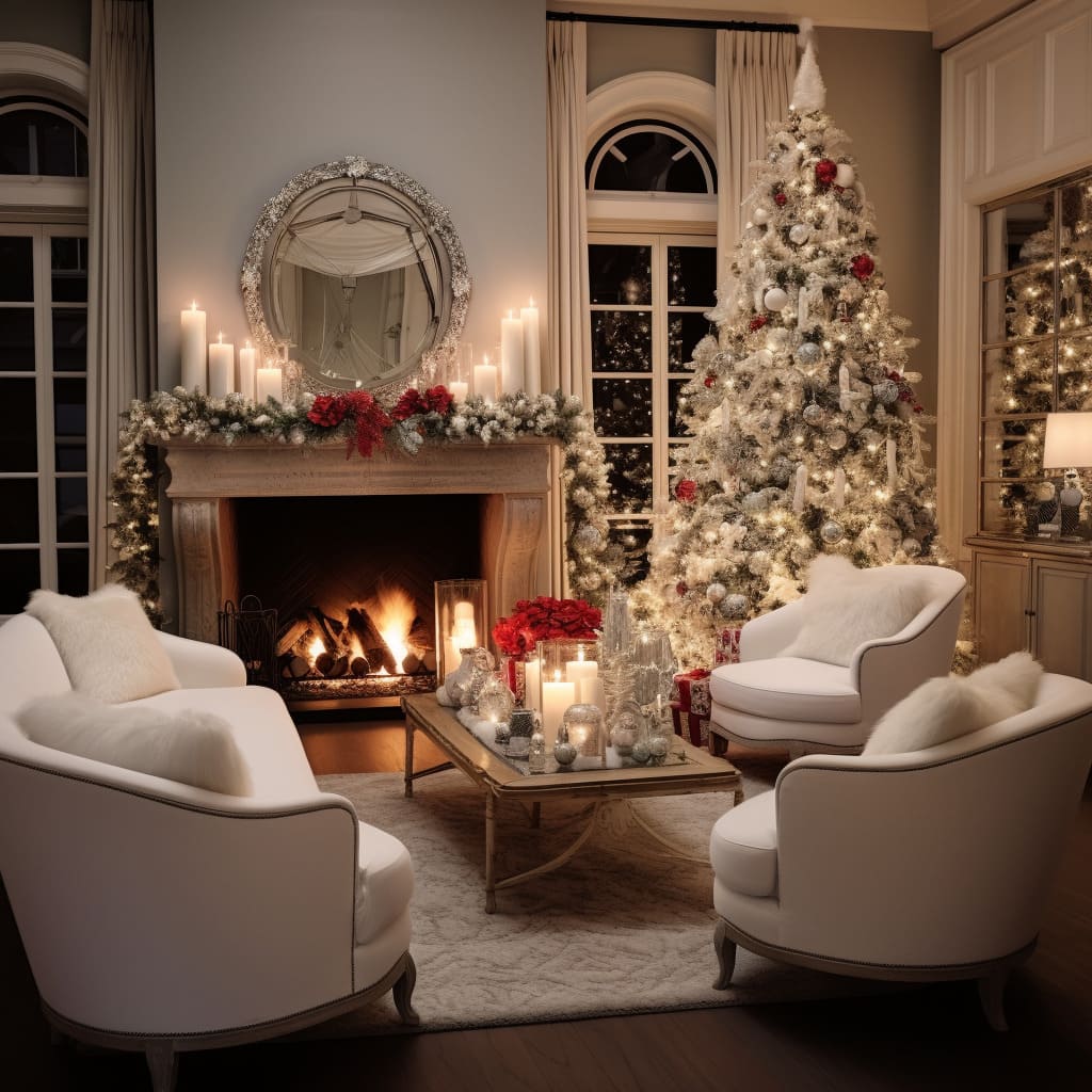 The living room in this American home is transformed into a festive wonderland for Christmas.