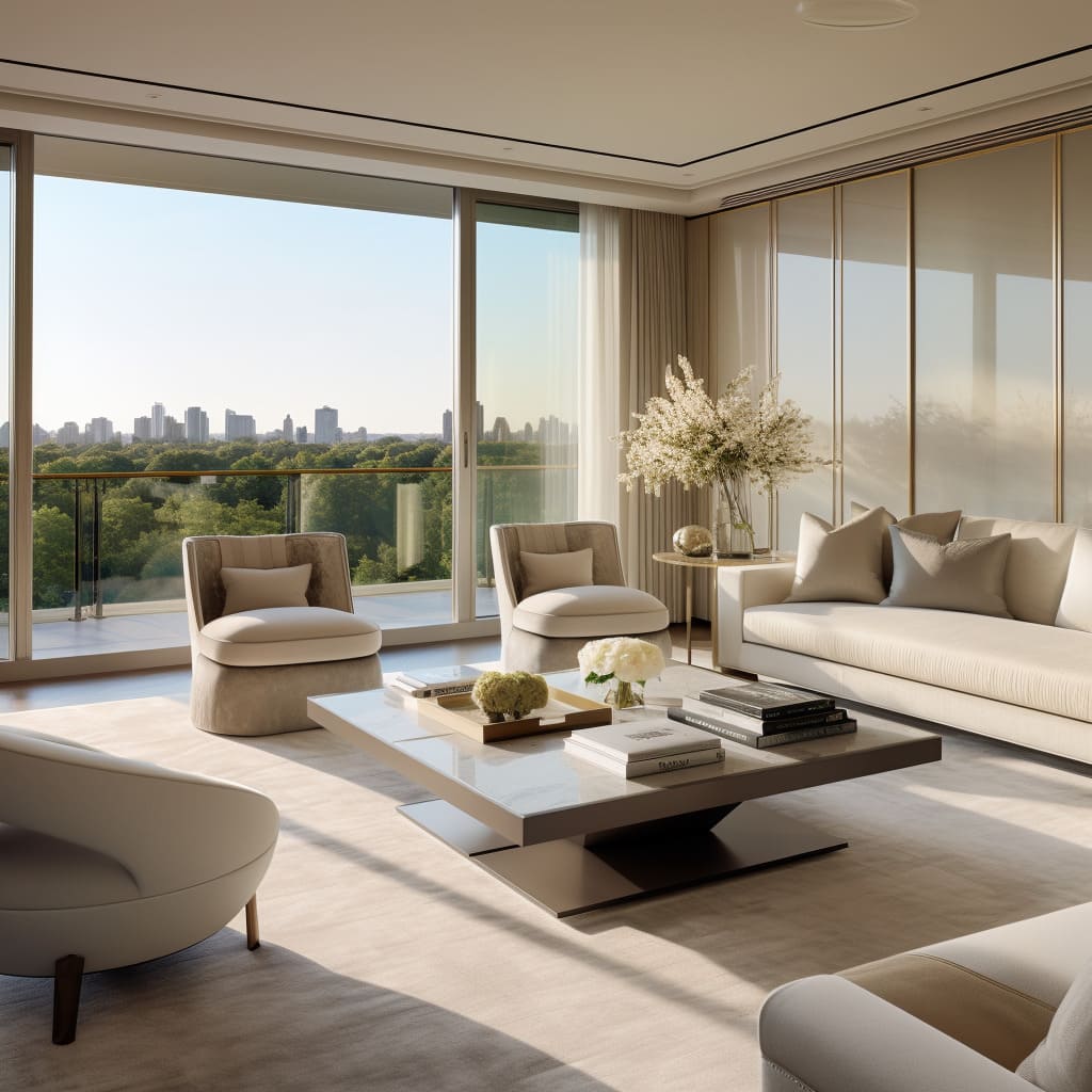 The living room in this American penthouse is a testament to minimalist elegance.