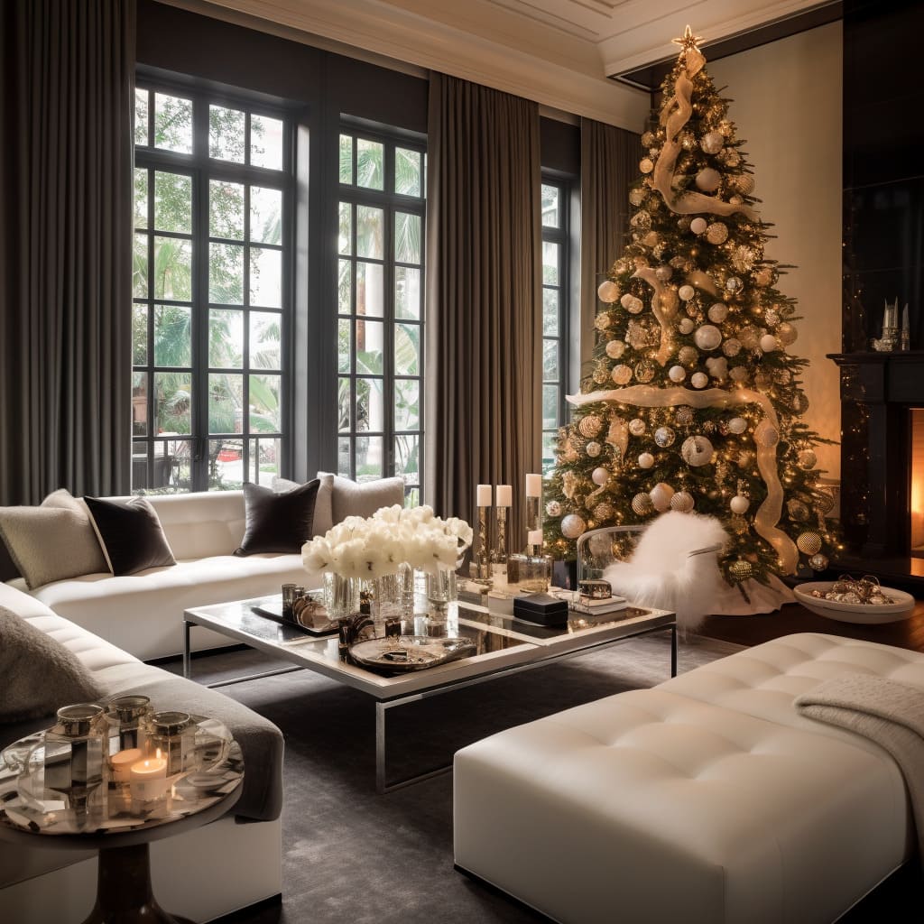 The living room in this American-style house is beautifully prepared for Christmas with traditional decor.