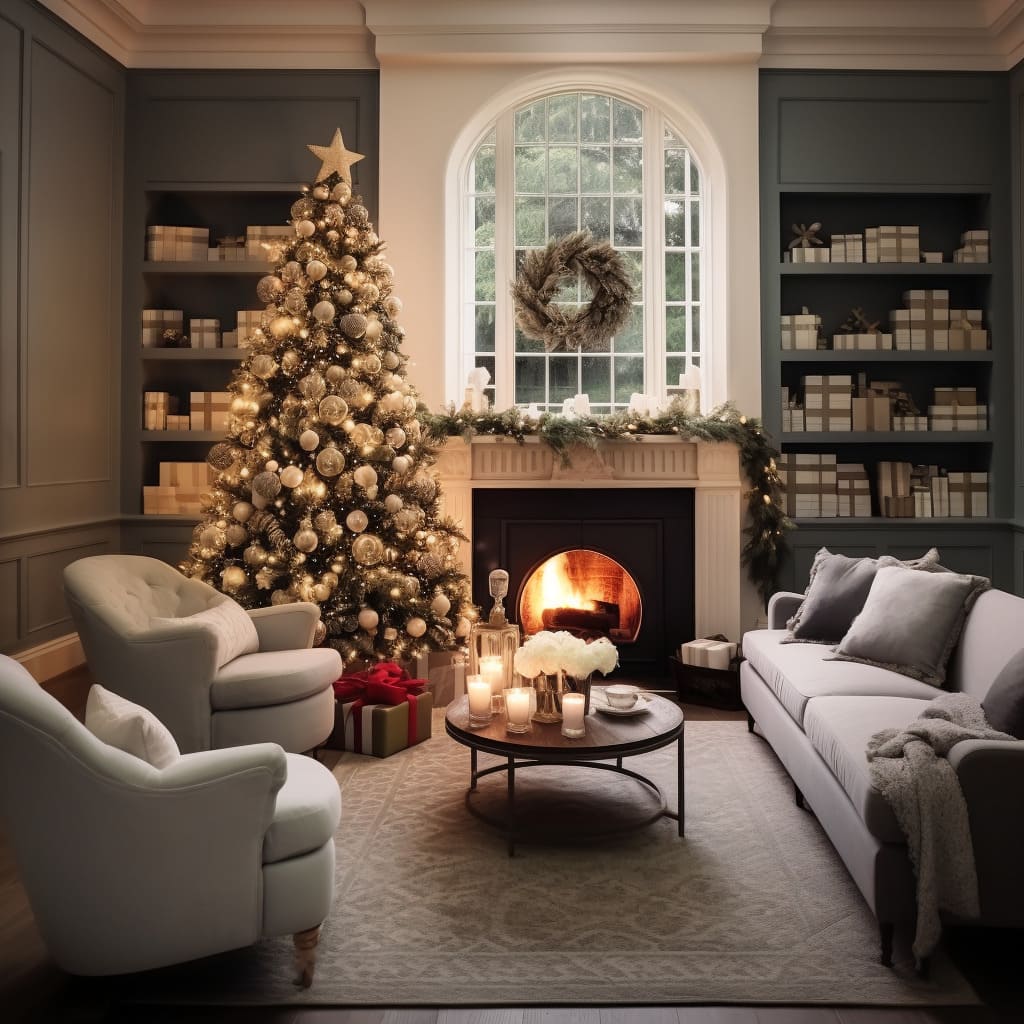 The living room in this California-style home features chic Xmas decorations with a modern twist.