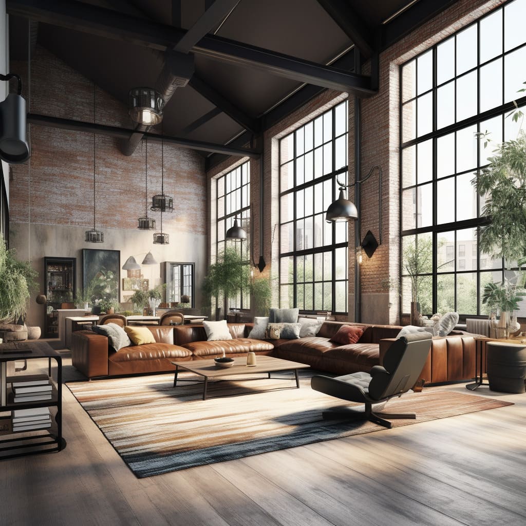 The living room in this New York-style loft showcases industrial design.