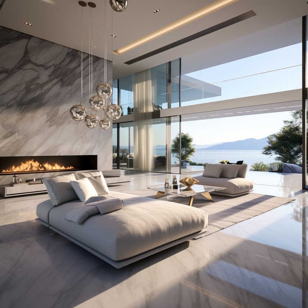 The seating in this contemporary home is adorned with an elegant marble fireplace.