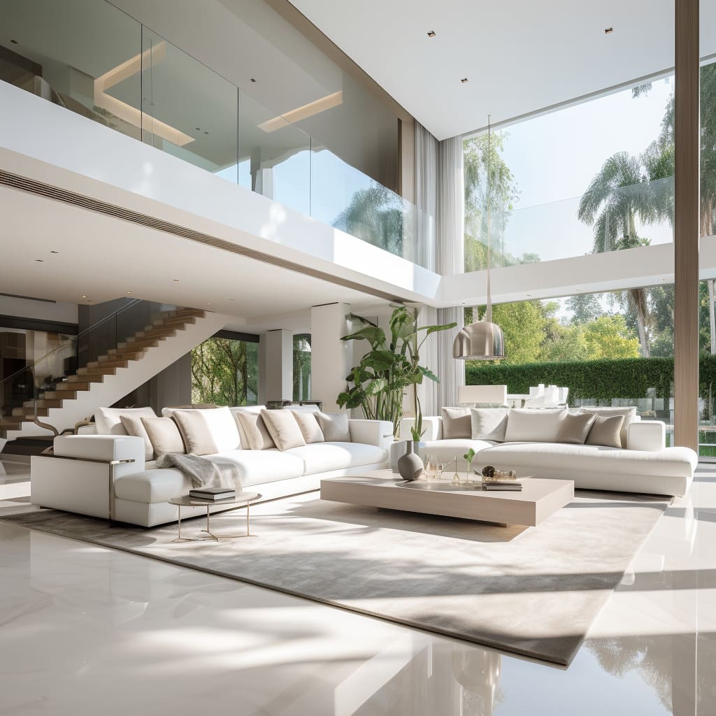 The living room in this home combines off-white tones with contemporary furniture for a chic look.