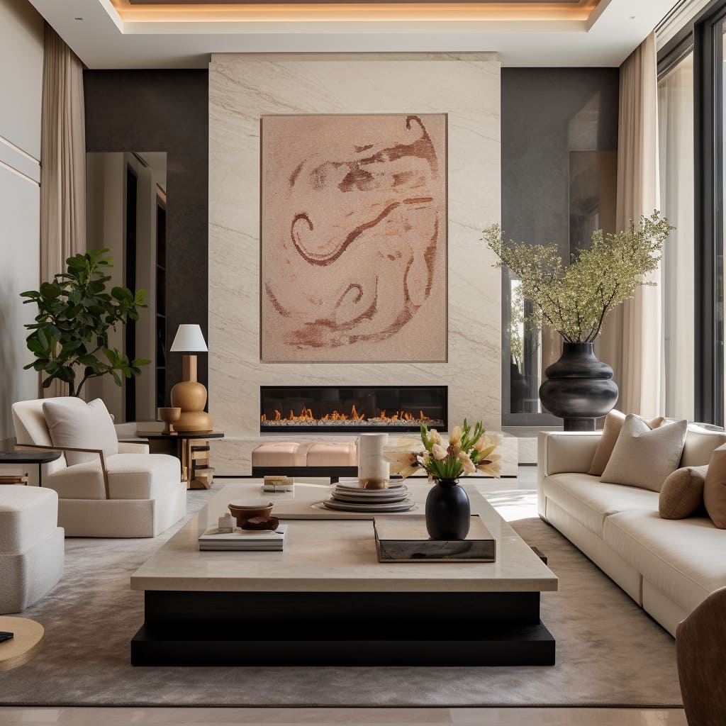 The living room in this house exudes contemporary luxury with its sophisticated stone accents.