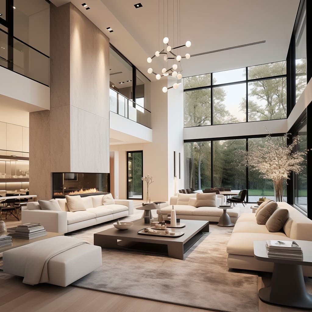 The living room in this house features a modern, minimalist design with stylish, comfortable seating.