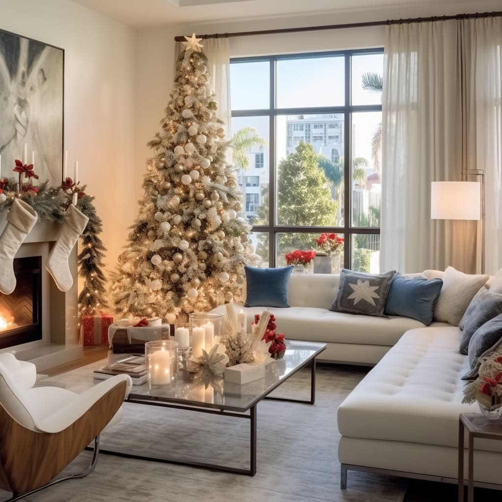 The living room in this house features an old-world charm with its traditional Christmas decorations.