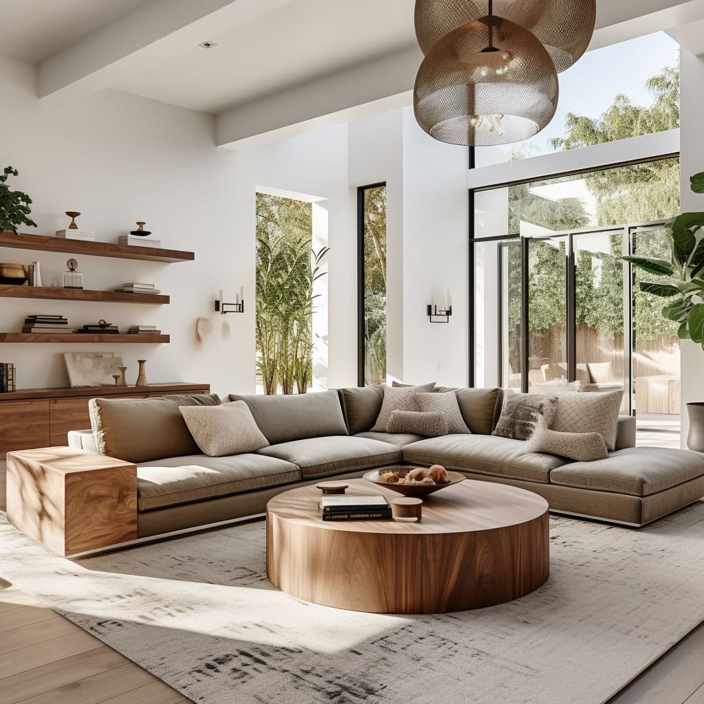 The living room in this house is a tribute to modern Los Angeles style with its wooden flooring and minimalist decor.