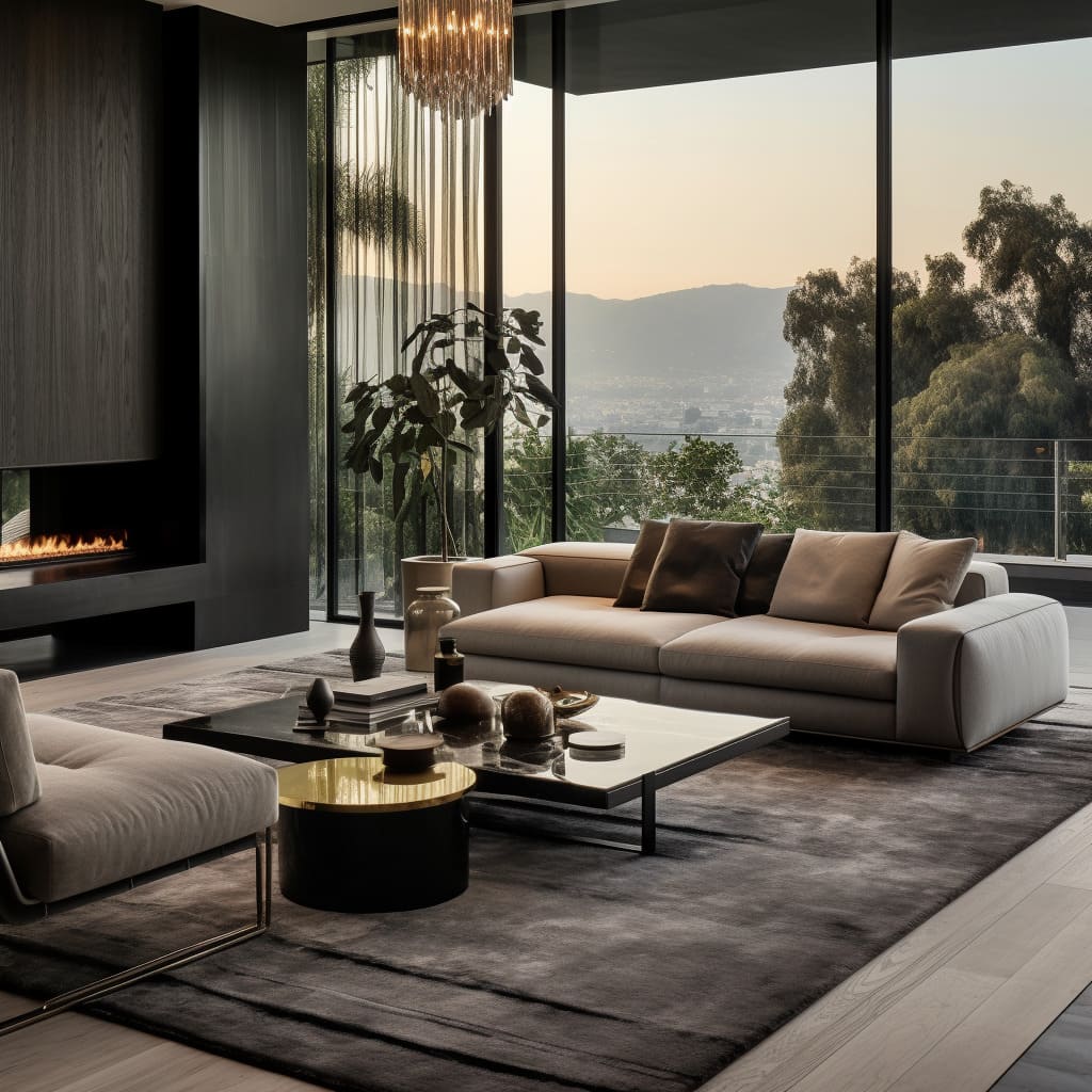 The living room in this house is designed with a contemporary flair, featuring a modular sofa and minimalistic decor.