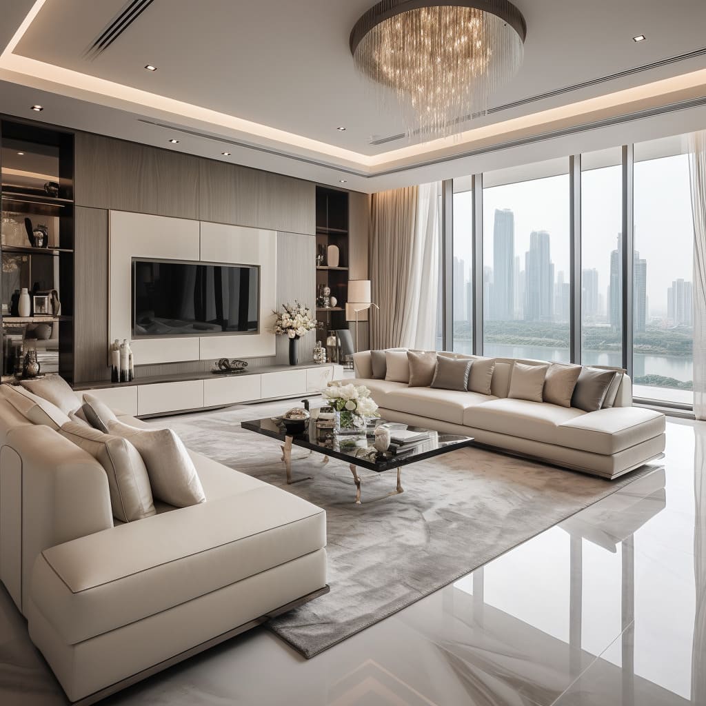 The living room in this large apartment captures elegance with its streamlined TV unit.