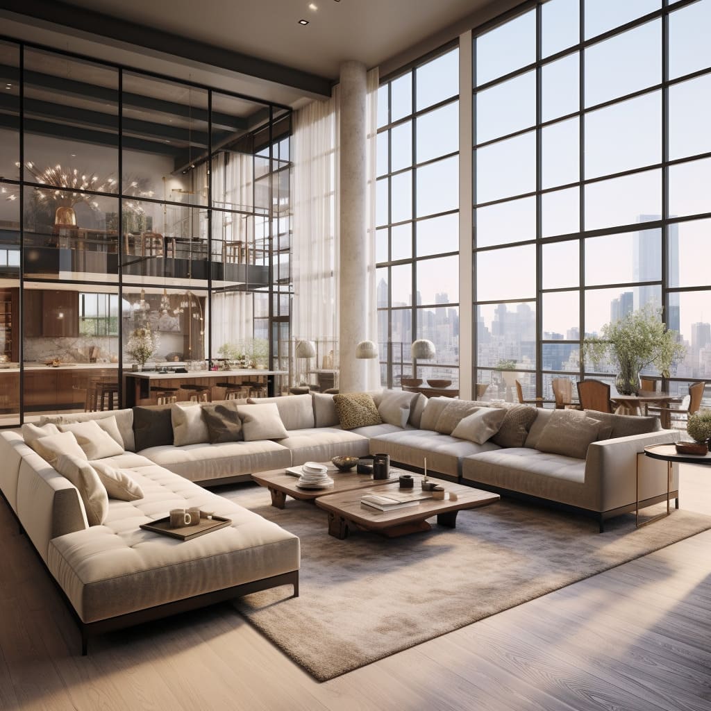 The living room in this loft apartment boasts an open-concept design.