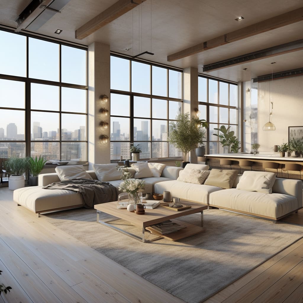 The living room in this loft home embraces an open-concept design.