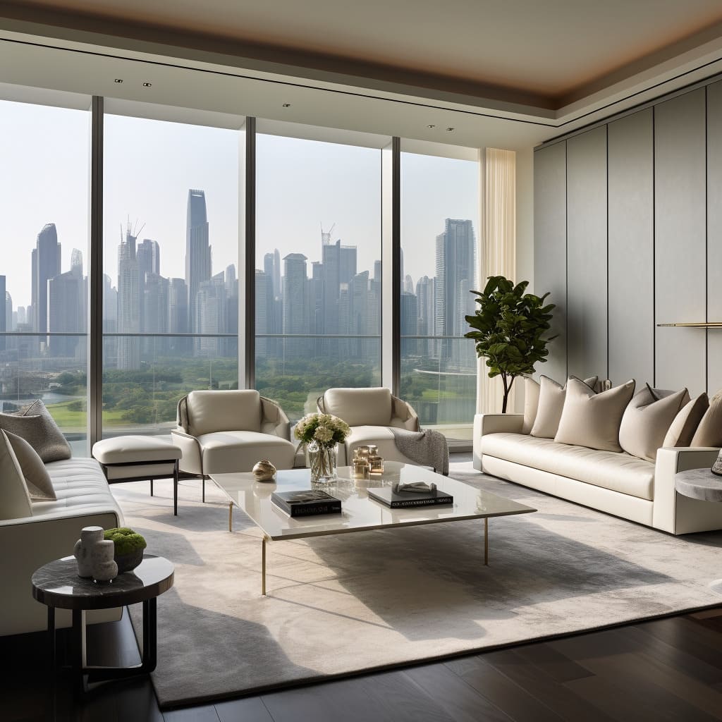 The living room in this penthouse apartment is a study in minimalist sophistication.