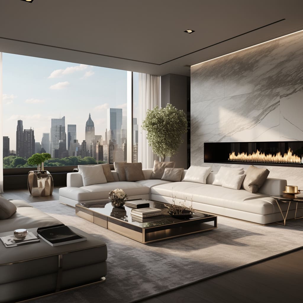 The living room in this penthouse apartment showcases minimalist design with sleek, contemporary lines.