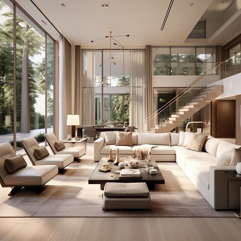 The living room of this contemporary home is a blend of comfort and style, featuring white walls and wooden accents.