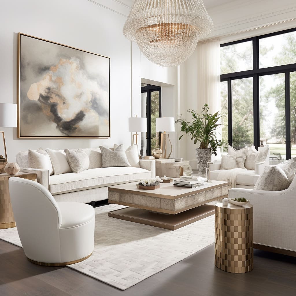 The living room of this dream home pairs a modern white sofa with classic design elements, embodying luxurious comfort.