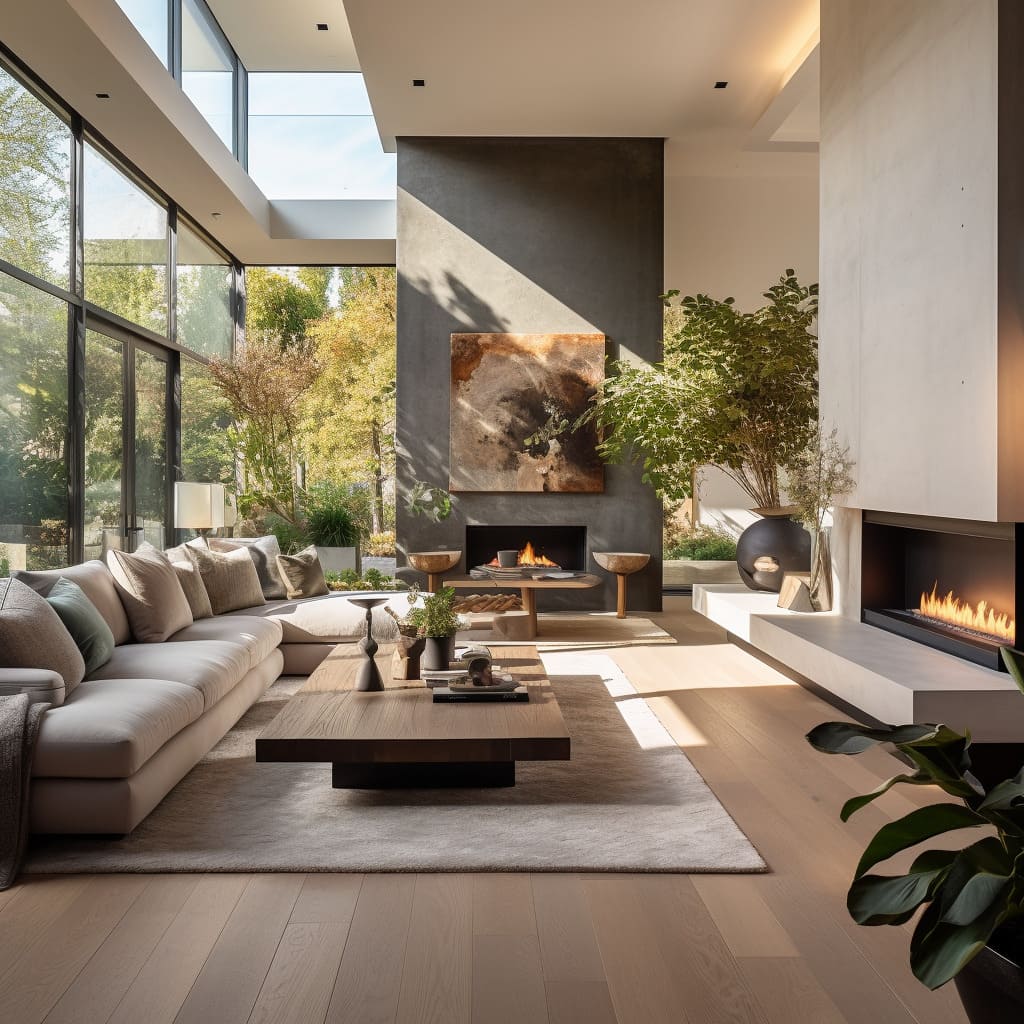 The living room of this eco-friendly Los Angeles house is a testament to sustainable luxury with its organic fabric sofas.