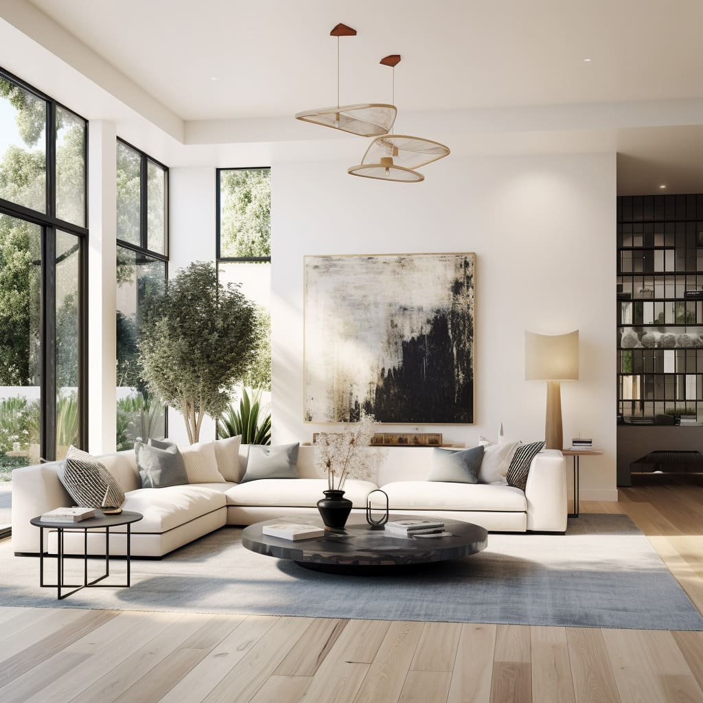 The living room of this house features the Los Angeles style with wooden flooring and modern, understated decor.