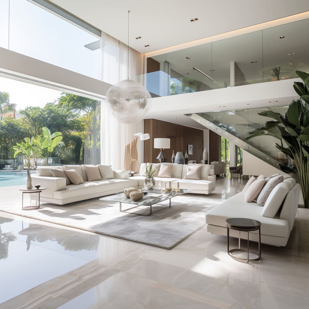 The living room radiates contemporary elegance with its sleek, off-white furniture and marble accents.