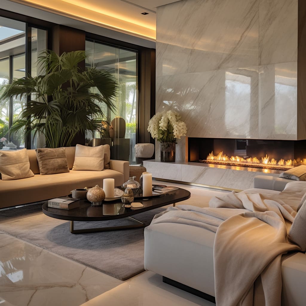 The living room radiates luxury with its plush white sofas and sleek design.