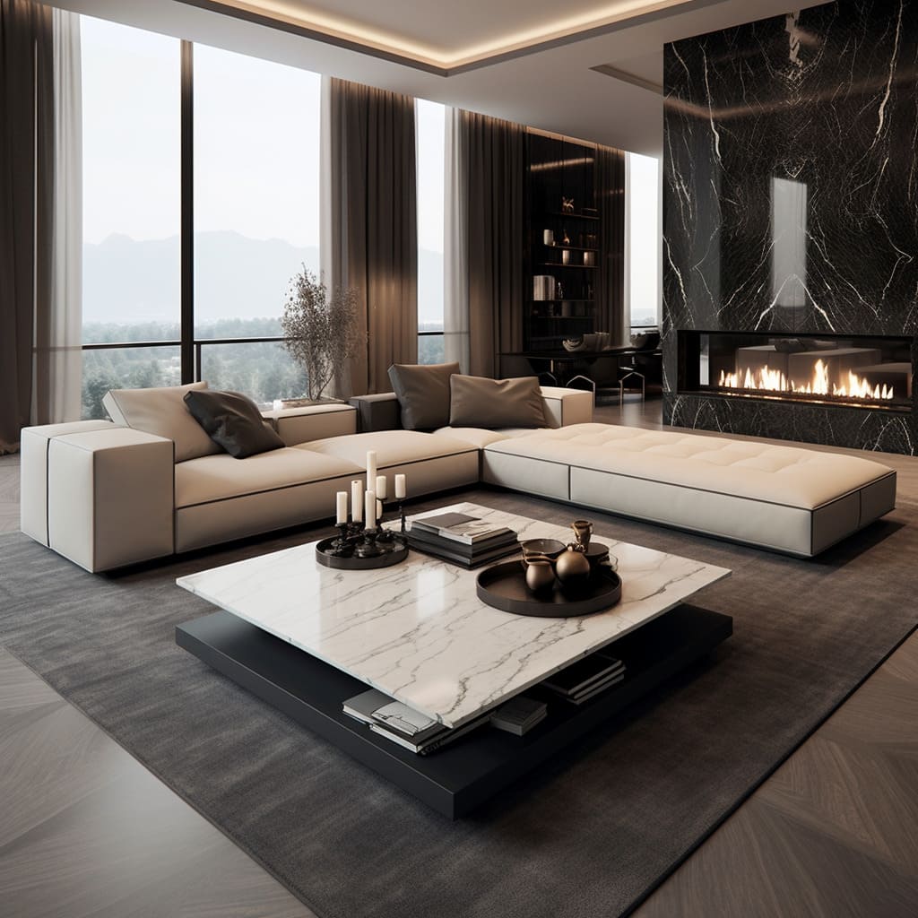 The living room shines with a sleek marble coffee table as the centerpiece.
