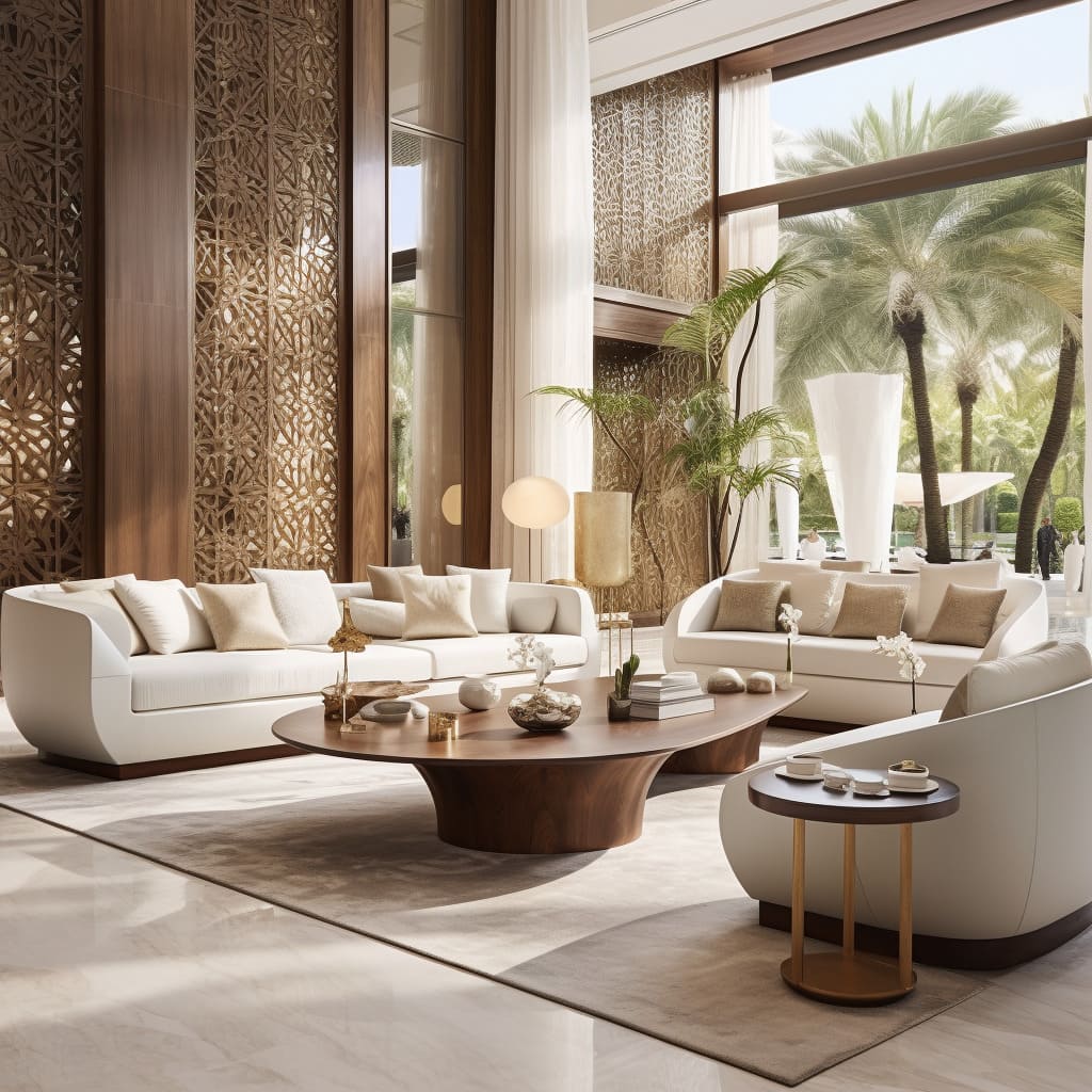 The living room showcases a contemporary interior design with sleek lines and muted tones.