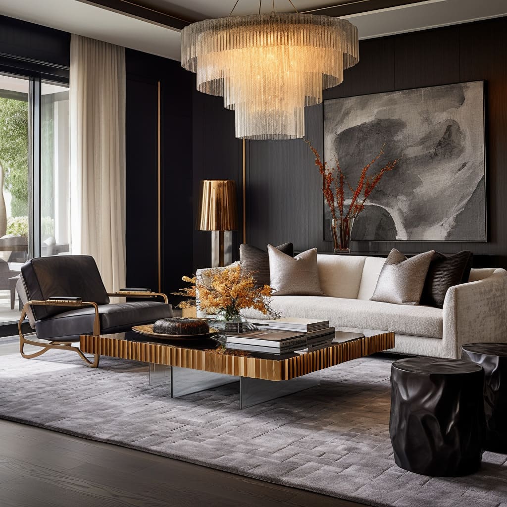 The living room showcases a luxury blend of contemporary style with nature-inspired elements.