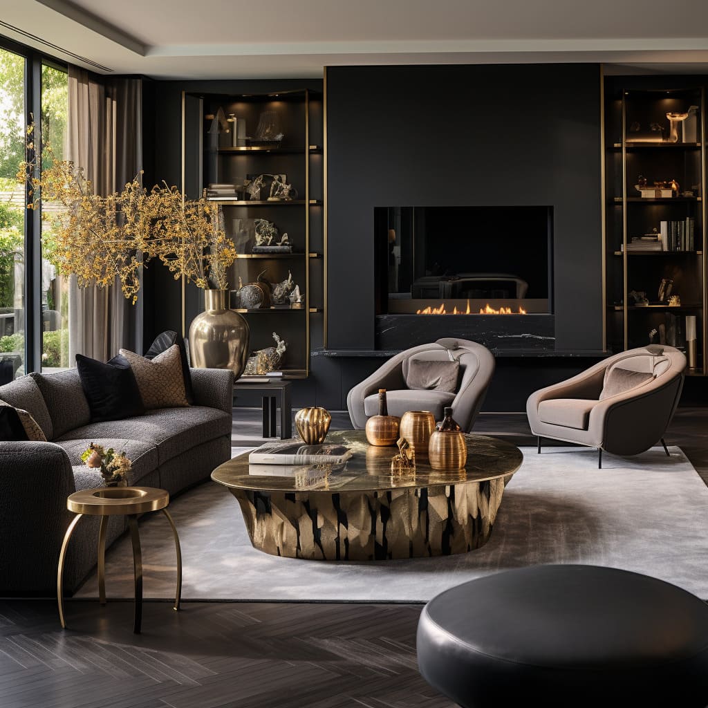 The living room showcases a modern blend of luxury and California cool.
