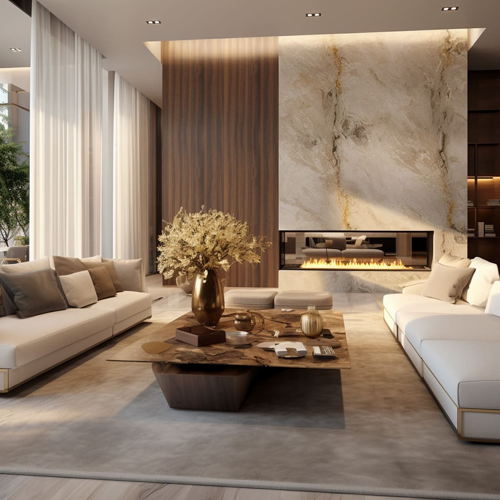 The living room showcases a striking blend of marble textures and modern home decor.