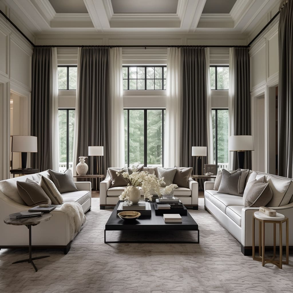 The living room upholstery's rich texture complements the sleek, contemporary furniture.