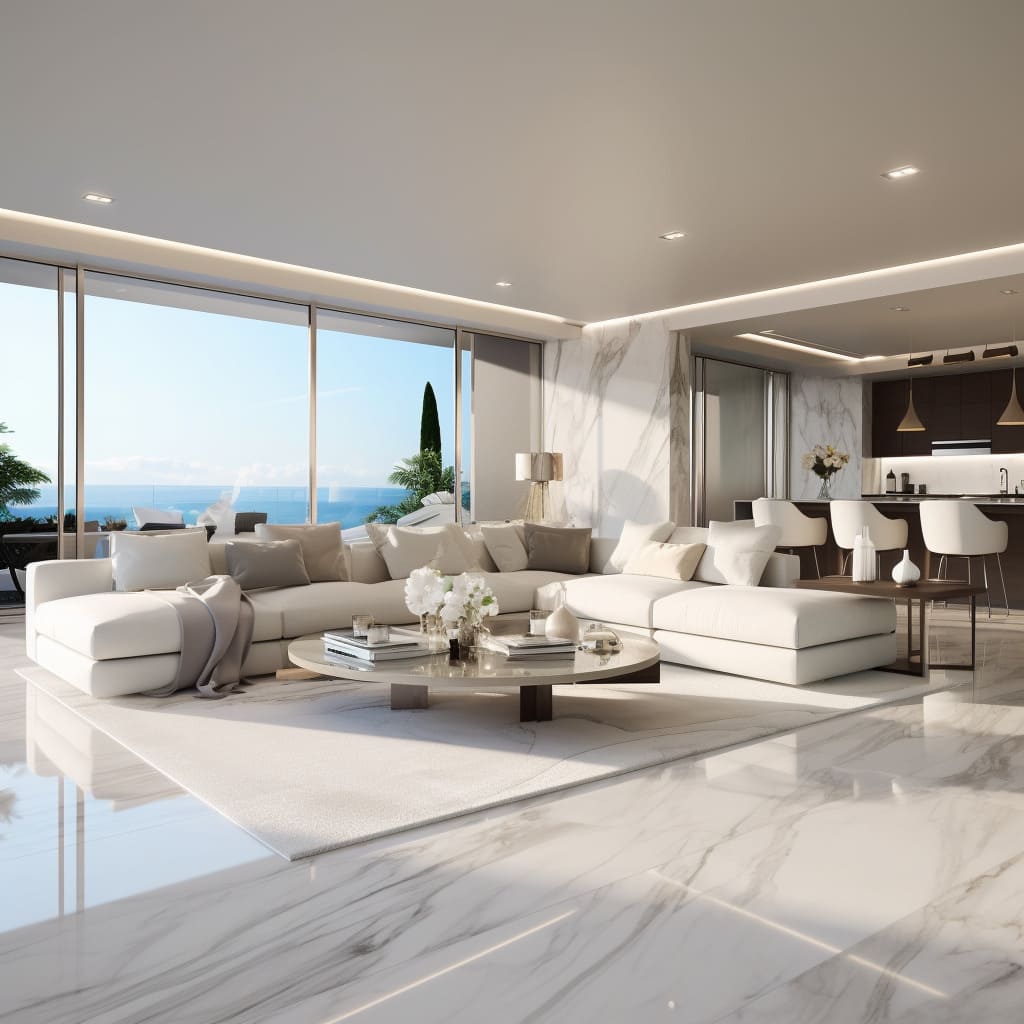 The living room, with its contemporary stone accents, embodies modern luxury.