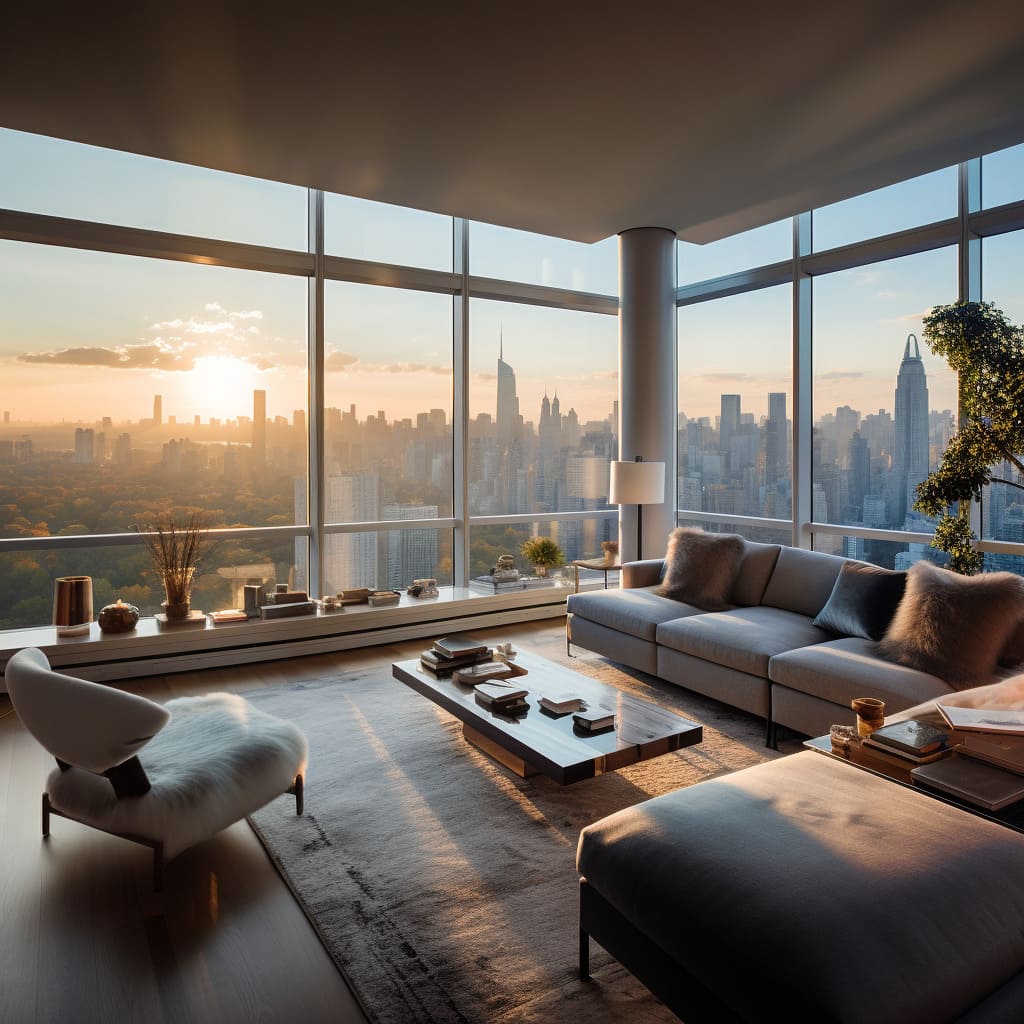 The living room's New York-style view adds a dramatic backdrop to the modern design.