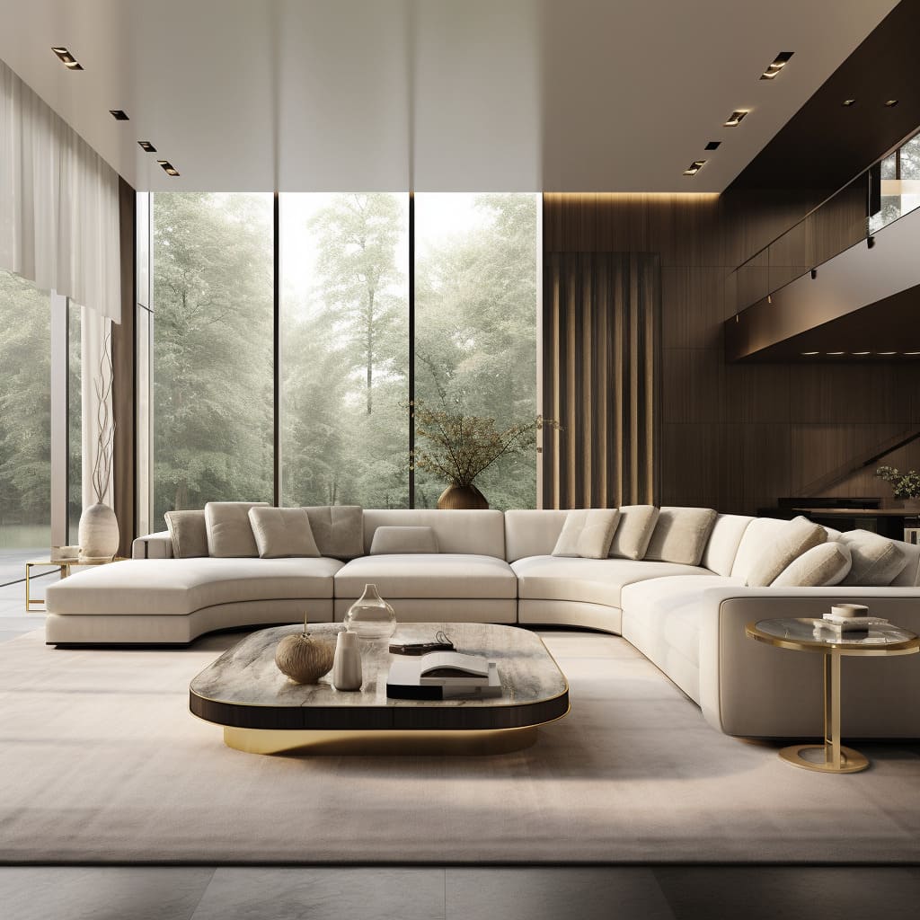 The living room's beige and off-white color scheme is elegantly accented with contemporary brass and copper decor.