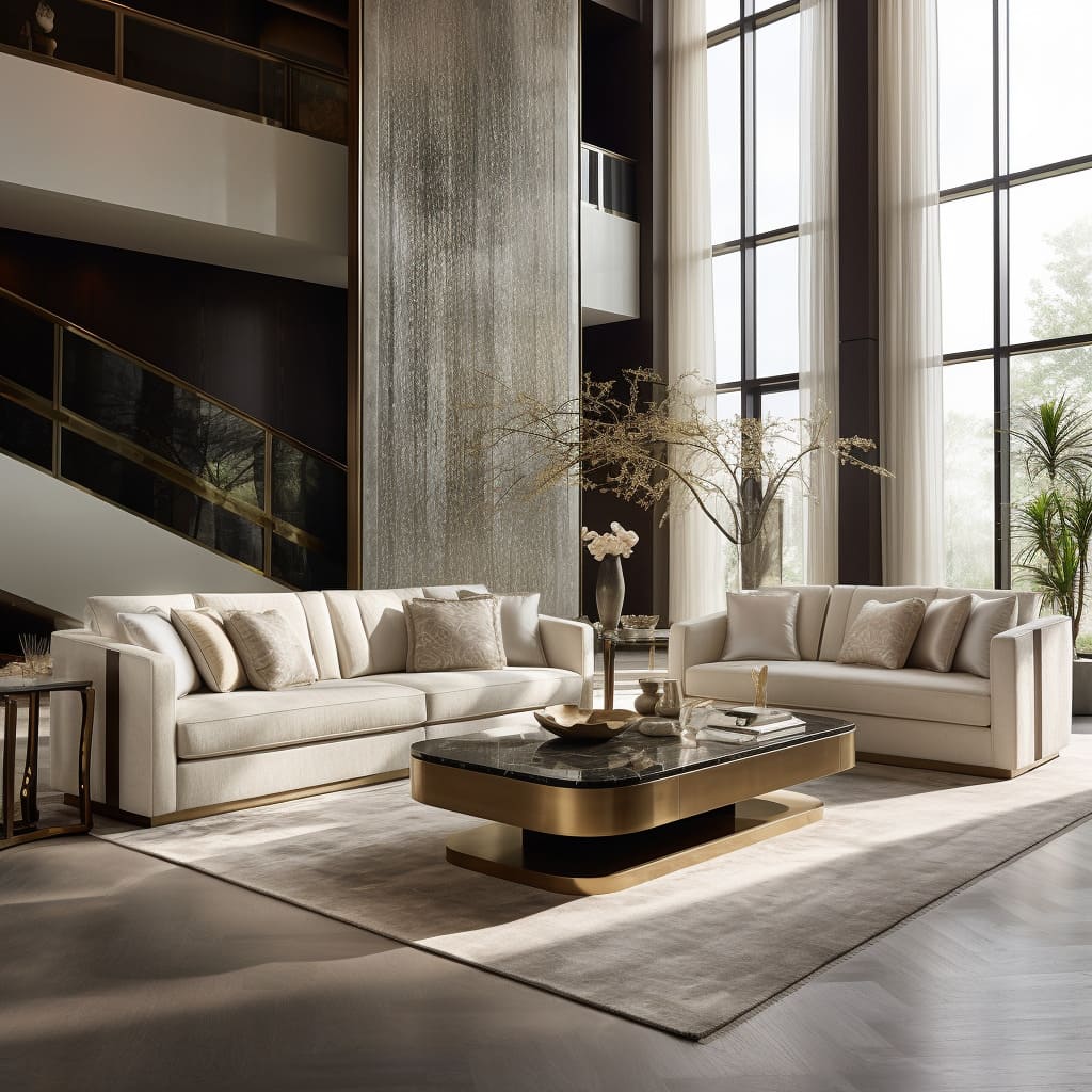 The living room's beige tones create a cozy and elegant atmosphere, perfect for relaxing.