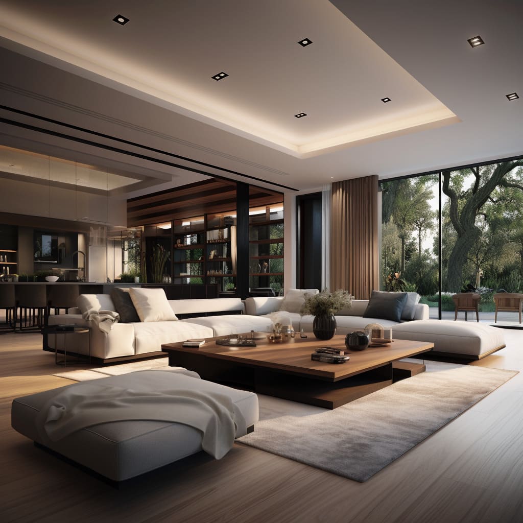 The living room's brown wood accents create a warm, welcoming atmosphere in this modern house.