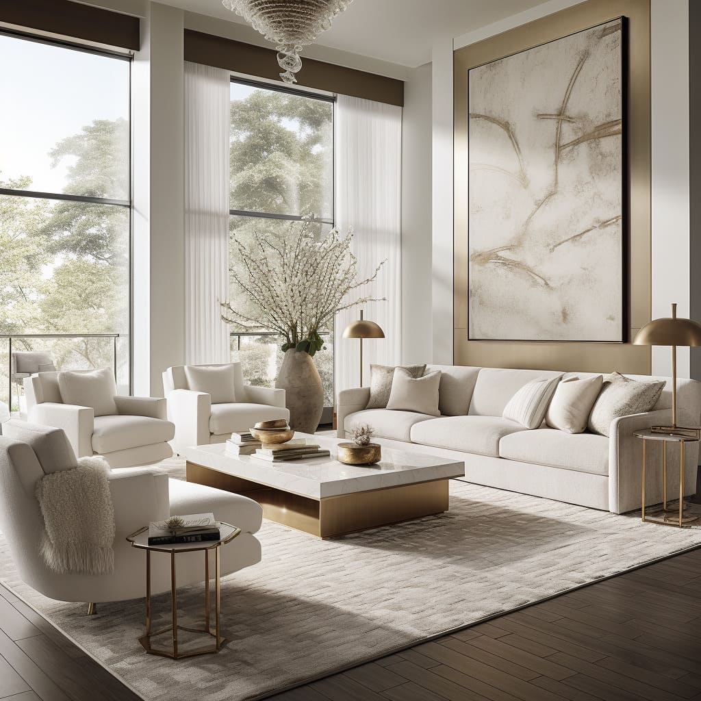 The living room's chic white decoration beautifully complements the house's modern interior and classic furniture pieces.