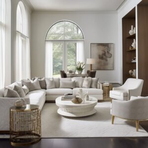 The living room's contemporary classic style is accentuated by luxurious white sofas.