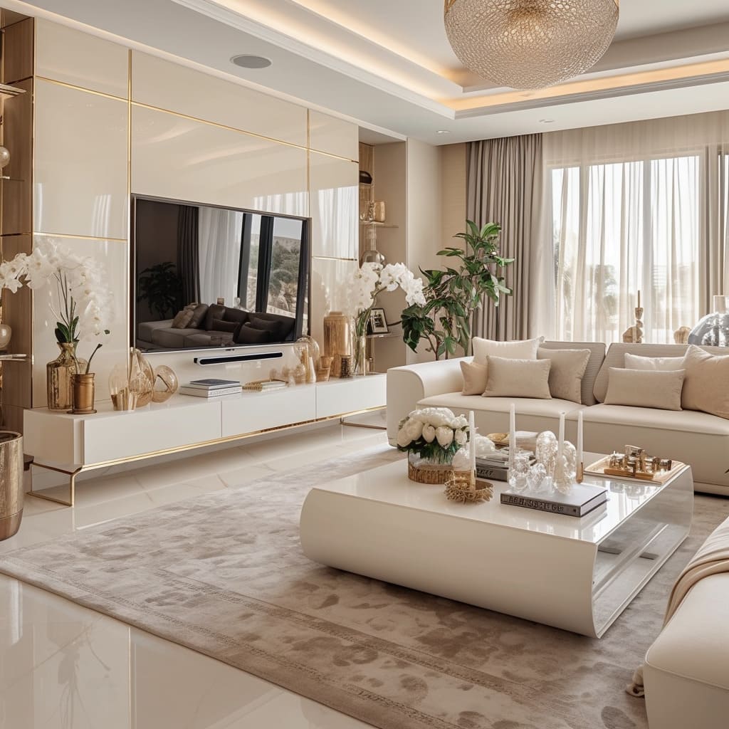 The cream-colored sofa perfectly complements the apartment's contemporary style.