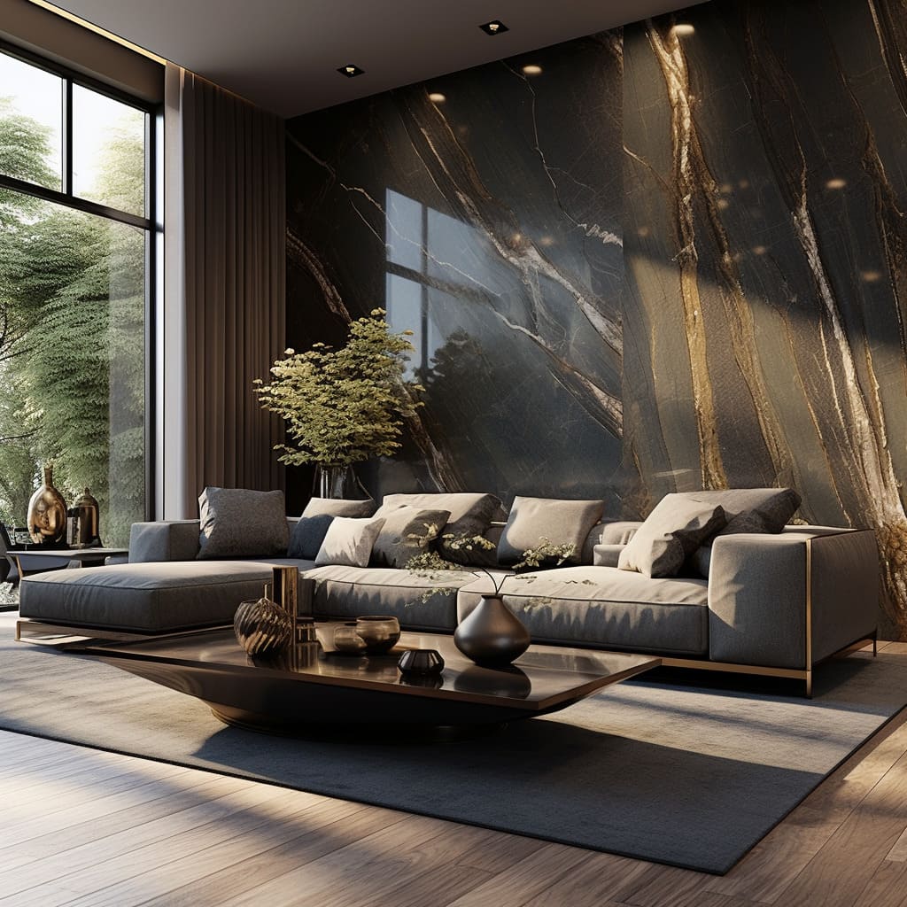 The living room's dark stone backdrop creates a dramatic and luxurious setting.
